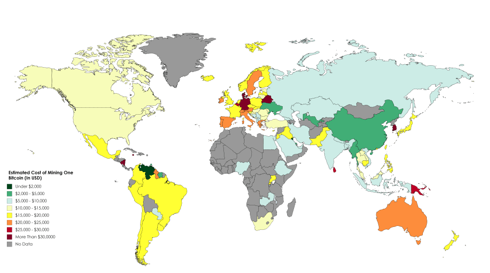 Estimated Electricity Cost Of Mining One Bitcoin By Country