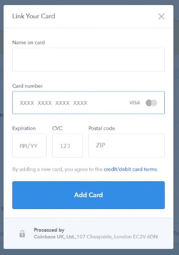 Add your card information on Coinbase