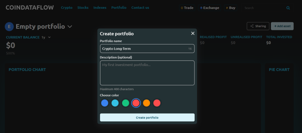 Creating a portfolio on Coindataflow.com