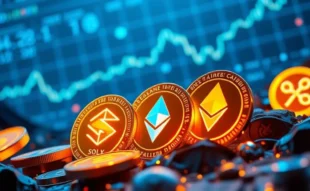 仮想通貨の急成長を示すデジタルコインと上昇トレンドのチャート、仮想通貨 1000倍の可能性を象徴
