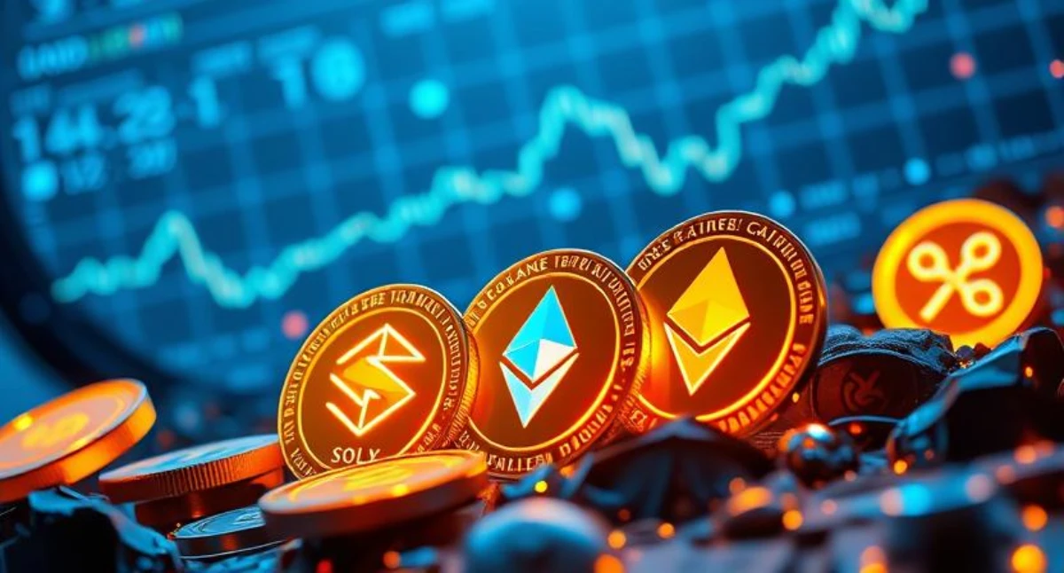 仮想通貨の急成長を示すデジタルコインと上昇トレンドのチャート、仮想通貨 1000倍の可能性を象徴