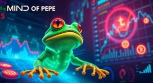 MIND of Pepe仮想通貨プロジェクト、未来的なデザインのヒューマノイドミームフロッグとともに、AI市場分析ツールとデジタルチャートを示す画像