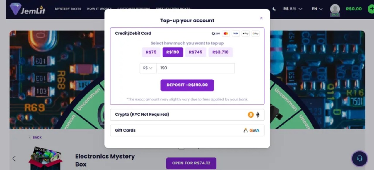 tela para adicionar creditos na jemlit