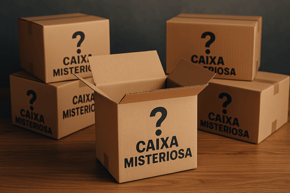imagens de caixas misteriosas indicando possibilidade de conter produtos com preços baixos