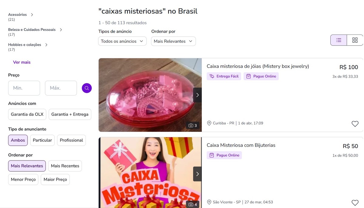 caixa misteriosa OLX