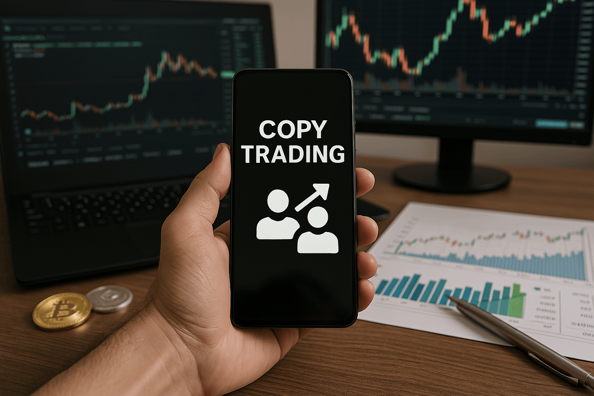 Imagem de um smartphone exibindo a palavra 'COPY TRADING' em frente a gráficos financeiros, representando estratégias de investimento e negociação.
