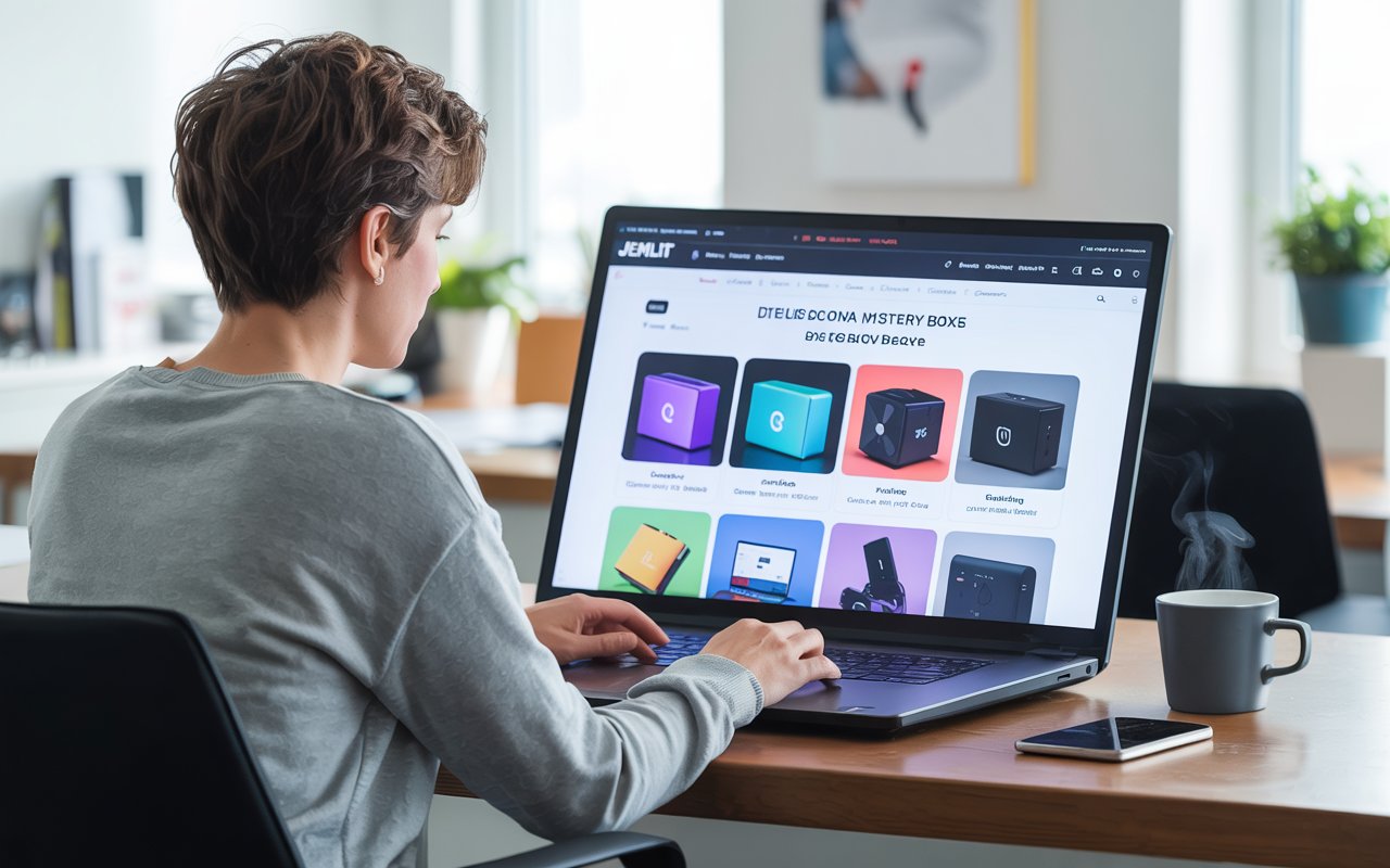 A imagem mostra uma pessoa usando um laptop e navegando por uma página de produtos, destacando caixas misteriosas em um ambiente moderno e confortável.